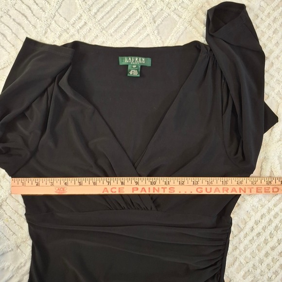 Lauren Ralph Lauren Black Faux Wrap Ruched V-Neck Dress 10P Petite 3/4 Sleeve - Picture 5 of 10